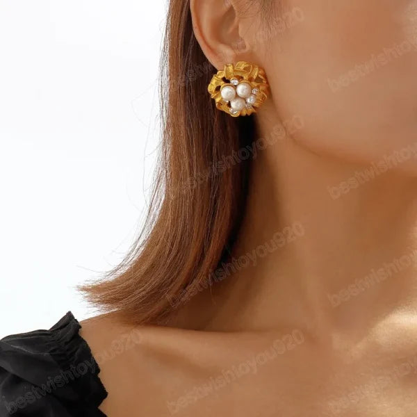 Imported Golden Elegance Pearl Cluster Earrings – Luxurious Statement Jewelry | Modern Earring For Girls & Women