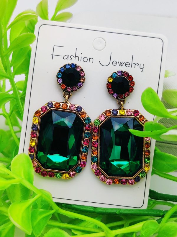 Imported Luxurious Emerald Green Gemstone Earrings With Rainbow Crystal Halo | Luxury Look Earrings For Girls ₨483