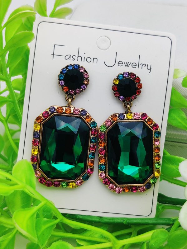 Imported Luxurious Emerald Green Gemstone Earrings With Rainbow Crystal Halo | Luxury Look Earrings For Girls ₨483