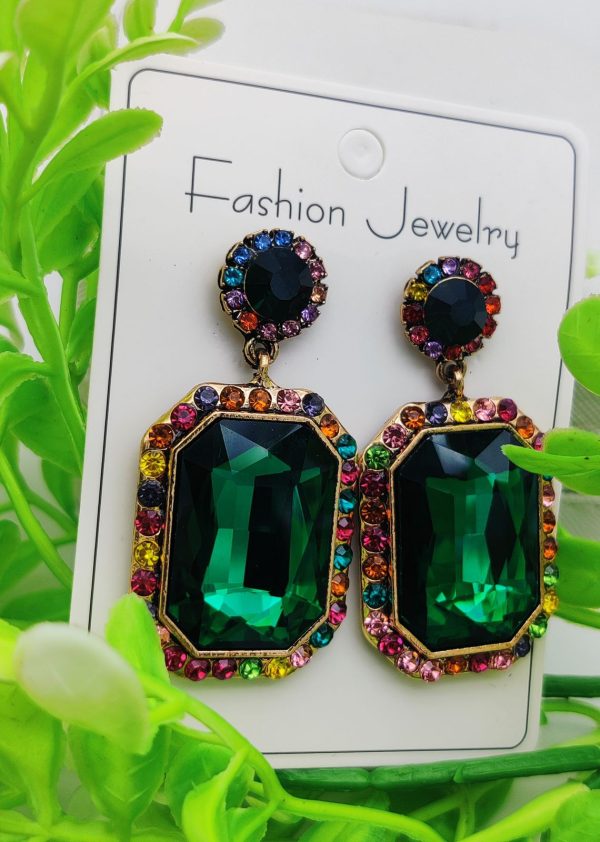 Imported Luxurious Emerald Green Gemstone Earrings With Rainbow Crystal Halo | Luxury Look Earrings For Girls ₨483