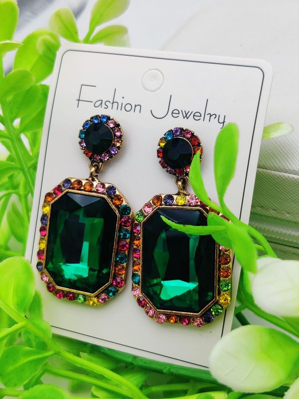 Imported Luxurious Emerald Green Gemstone Earrings With Rainbow Crystal Halo | Luxury Look Earrings For Girls ₨483